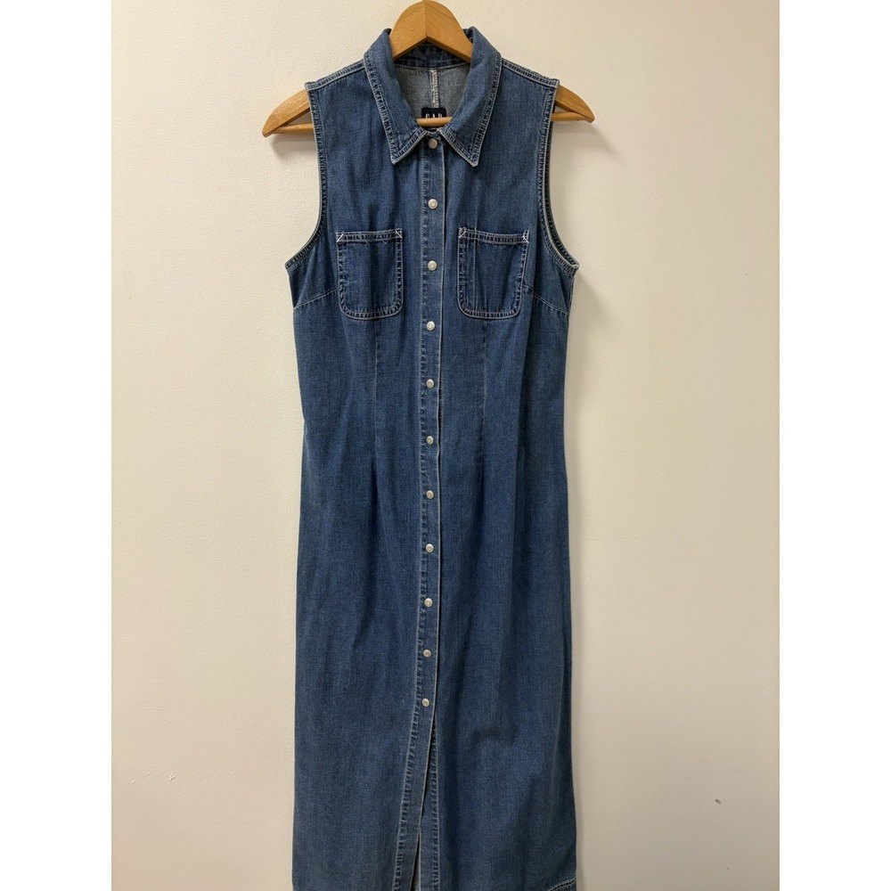 Vintage Gap Women's Maxi Pearl Button Sleeveless Maxi Denim Dress 90's Sz 8